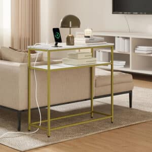 Smalt konsolbord med USB-C, USB og 2 stikkontakter - hvid marmorlook/guld, 80 Ã 30 Ã 75 cm